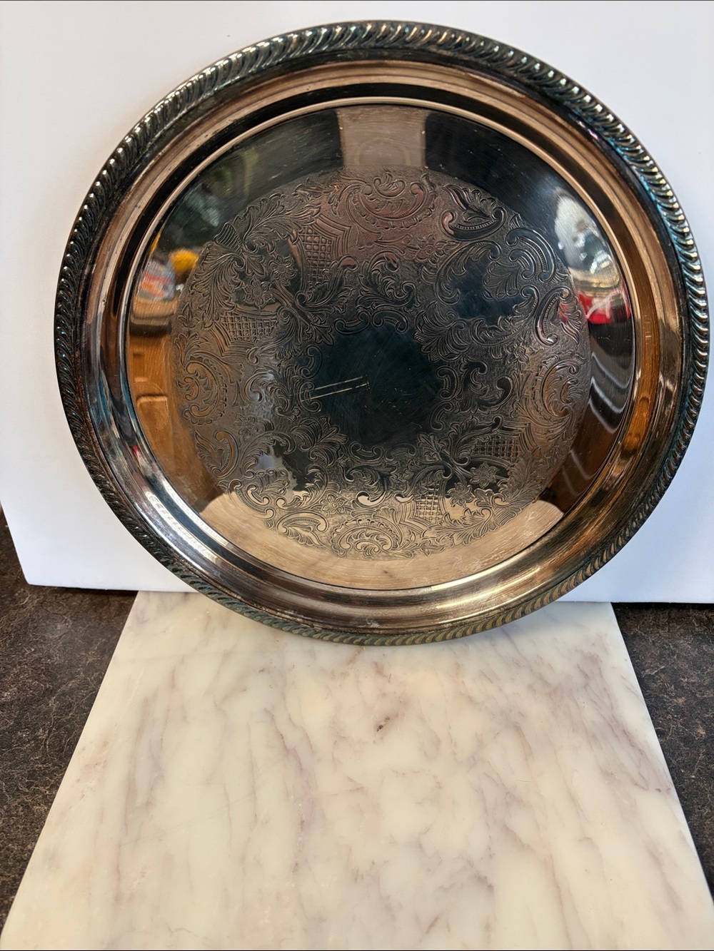 Silver Decorative Serving Tray - Ornate Round Home Dining Platter